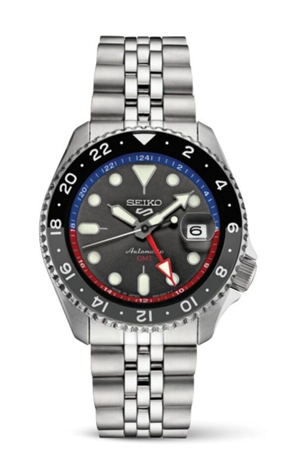 Seiko 5 Sports watch with black and red bezel and stainless steel bracelet.