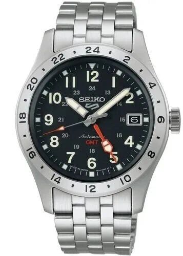 Seiko automatic wristwatch with black dial and stainless steel band.