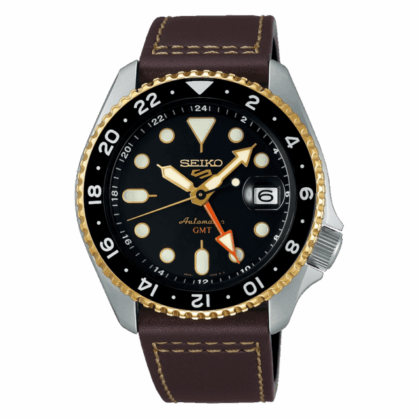 Classic Seiko wristwatch with black dial and brown leather strap.