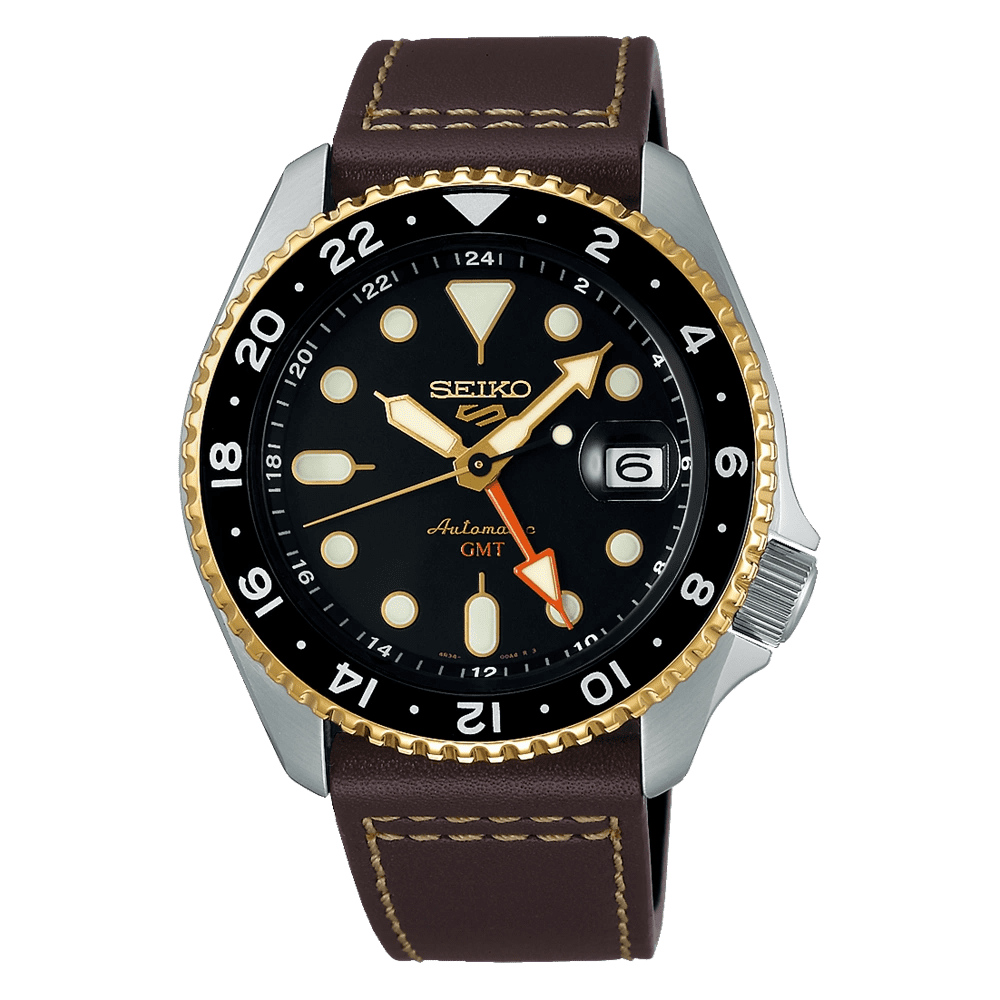 Classic Seiko wristwatch with black dial and brown leather strap.