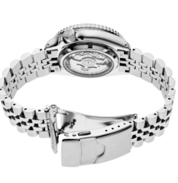 Silver metal wristwatch with an open clasp and visible internal mechanism.