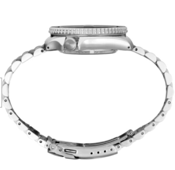 Side view of a silver wristwatch with a metal band.