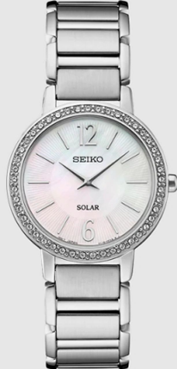 Elegant Seiko solar watch with crystal-studded bezel and white dial.