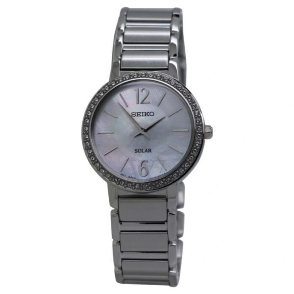 Elegant silver wristwatch with a mother-of-pearl dial and crystal-studded bezel.