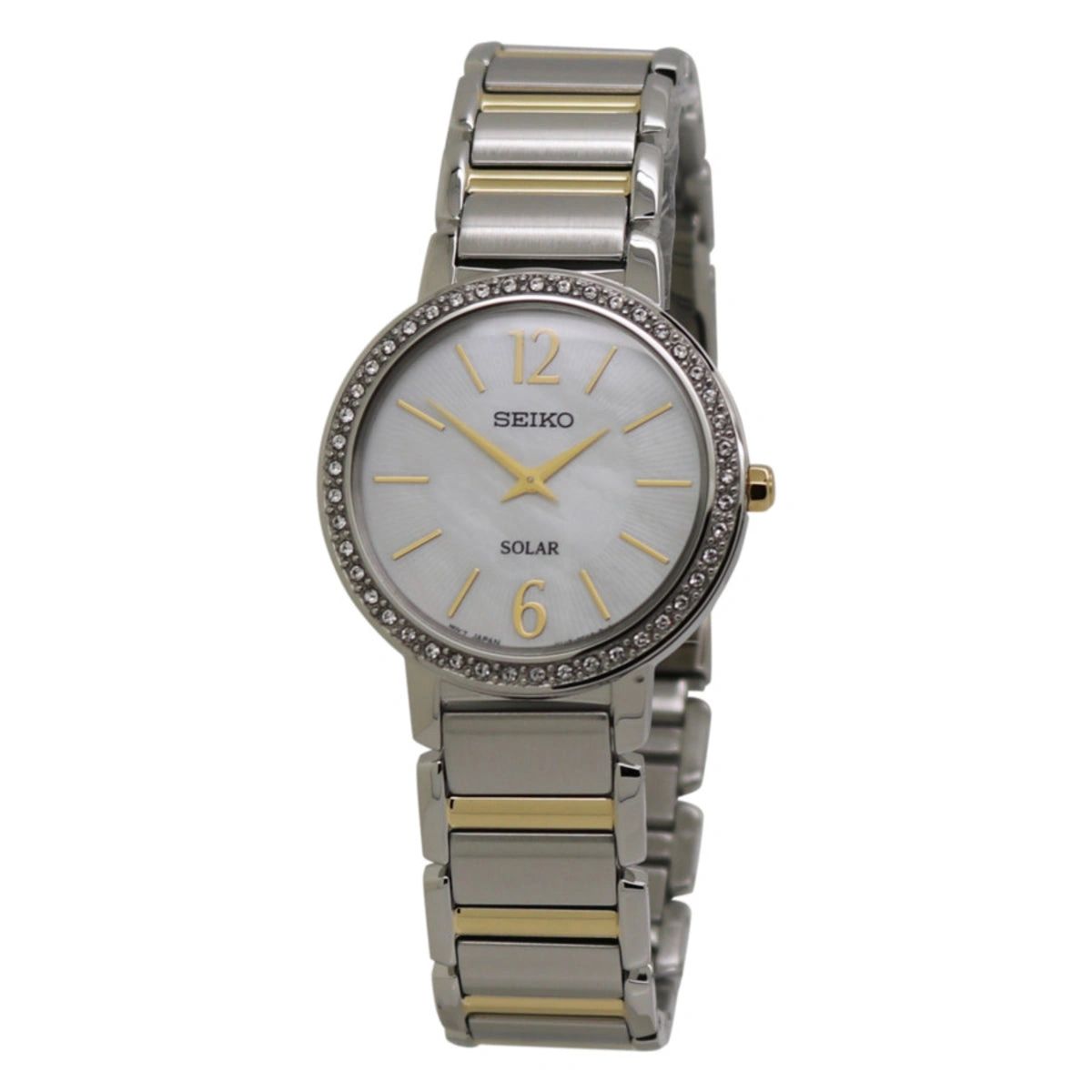 Elegant silver and gold wristwatch with a diamond-studded bezel.