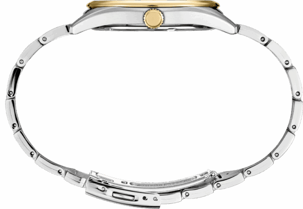 Side profile of a luxury wristwatch with a metal bracelet and gold-accented bezel.