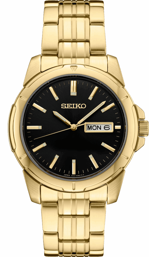 Gold Seiko wristwatch with black dial and day-date display.