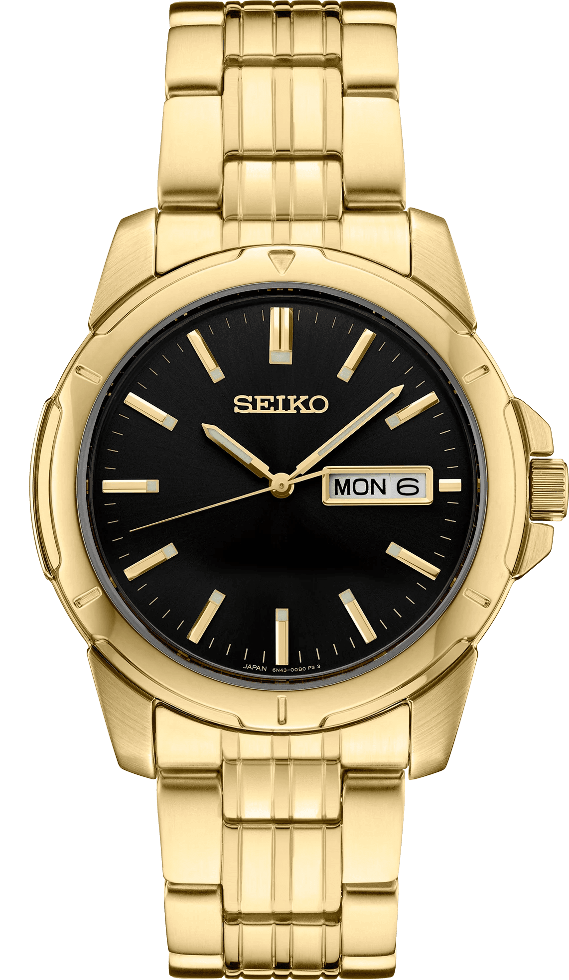 Gold Seiko wristwatch with black dial and day-date display.