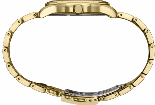 Side view of a gold wristwatch with a metal link band.
