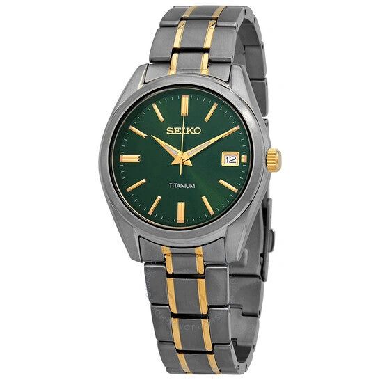 Elegant silver and gold wristwatch with green dial and date display.