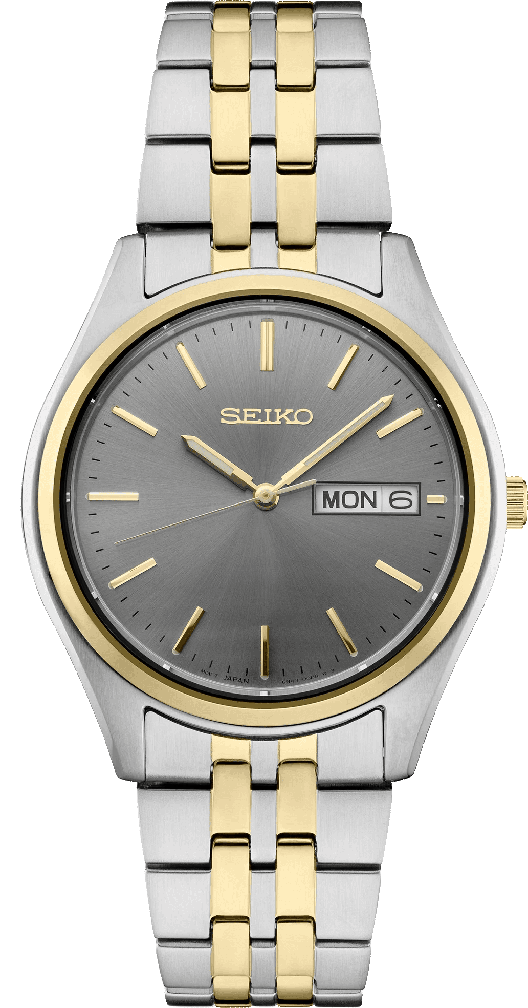 A stylish Seiko wristwatch with a gold and silver design.