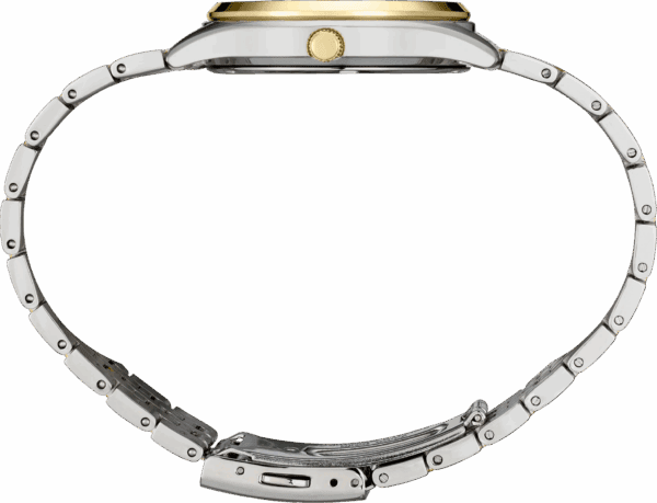 Side profile of a luxury wristwatch with a gold bezel and stainless steel bracelet.