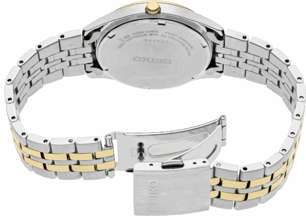 Back view of an Omega wristwatch with a two-tone metal bracelet and clasp.
