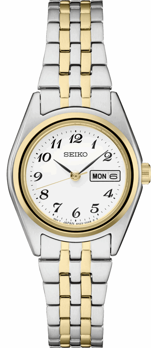 A silver and gold Seiko wristwatch with a white dial and day-date display.