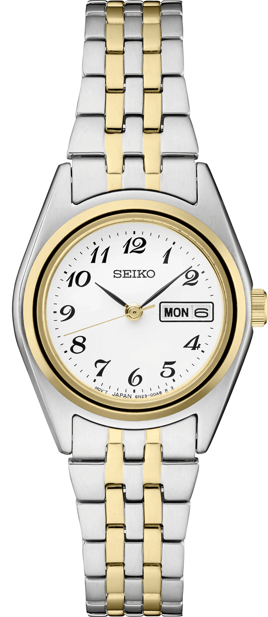 A silver and gold Seiko wristwatch with a white dial and day-date display.