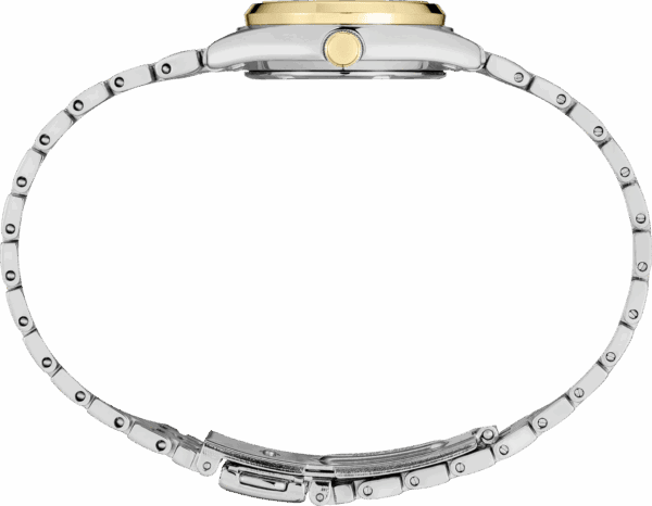 Side profile of a silver wristwatch with a gold crown.
