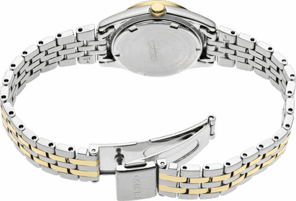Back view of a luxury two-tone wristwatch with a metal bracelet and clasp.