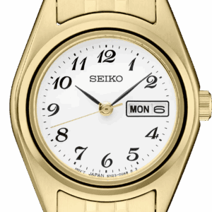 Gold Seiko wristwatch showing time 9:09 and day Monday.