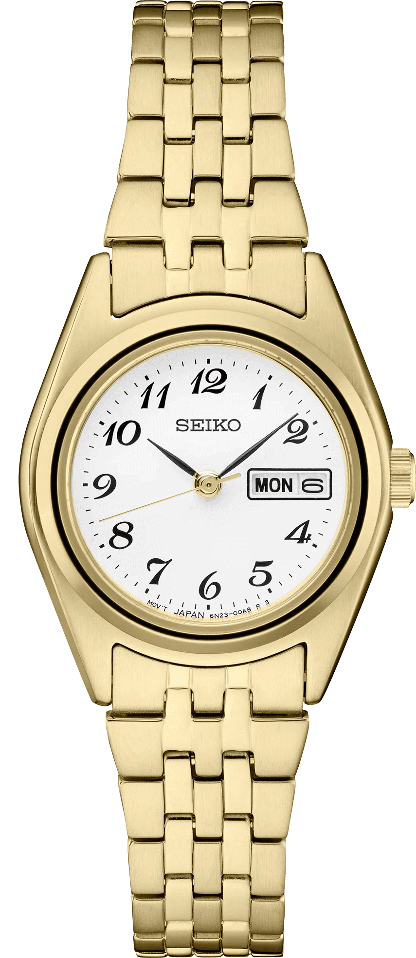 Gold Seiko wristwatch showing time 9:09 and day Monday.