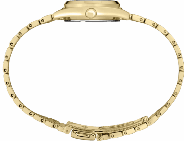 Side profile of a gold wristwatch with a linked band.