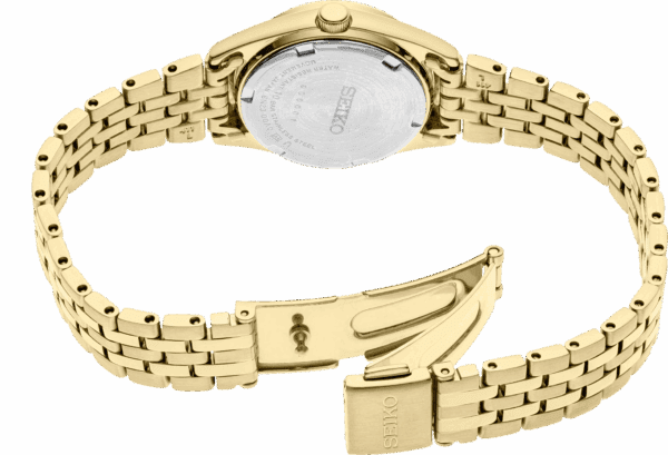 Gold-toned wristwatch with a linked bracelet and a logo on the clasp.