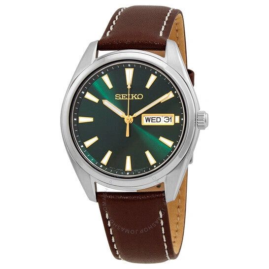 Seiko wristwatch with green dial and brown leather strap.