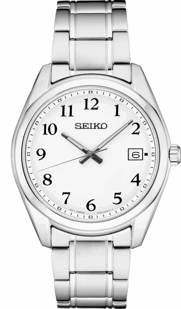 Classic Seiko wristwatch with white dial and date display.