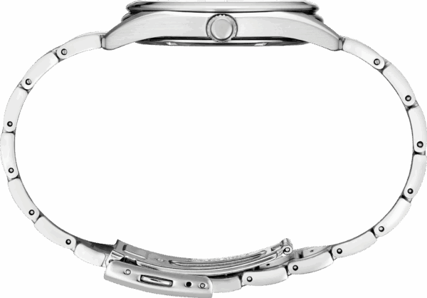 Elegant silver wristwatch with a black dial and metal mesh strap.