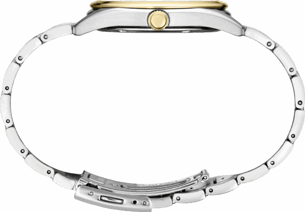 Side view of a two-tone wristwatch with a metal bracelet and gold crown.