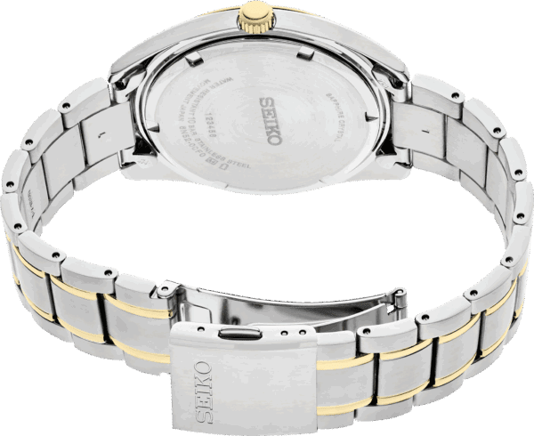 Silver and gold two-tone wristwatch with metal band and clasp.