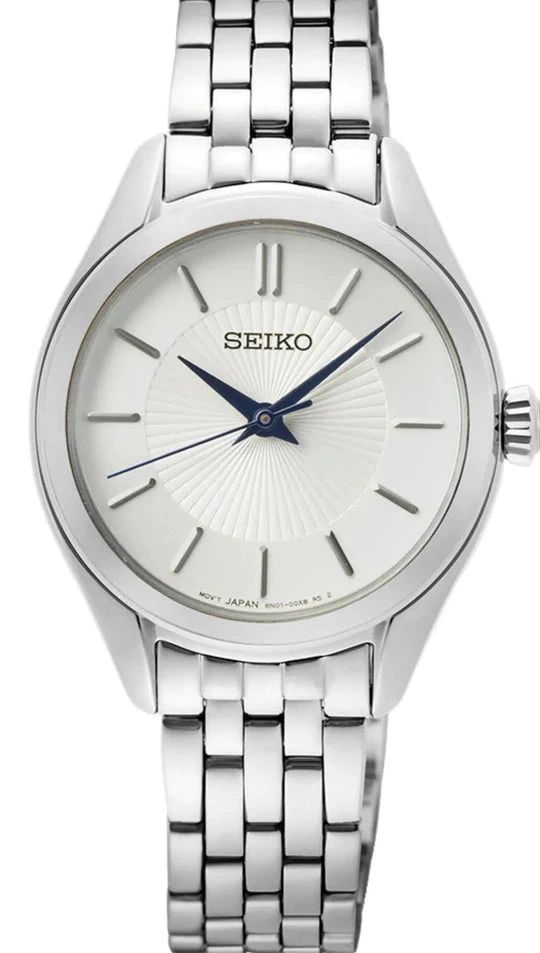 A sleek silver Seiko wristwatch with a white dial and metal band.