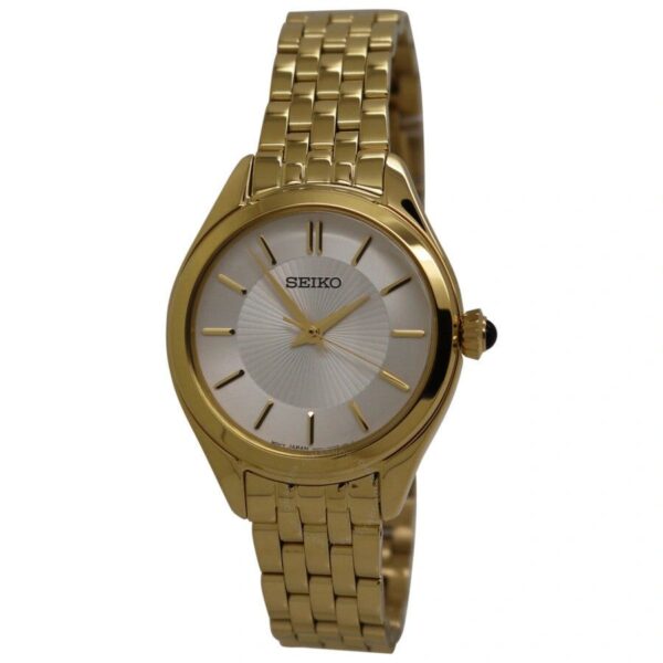 Elegant gold wristwatch with a simple white dial and gold bracelet.