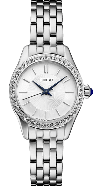 Elegant Seiko wristwatch with silver band and diamond-studded bezel.