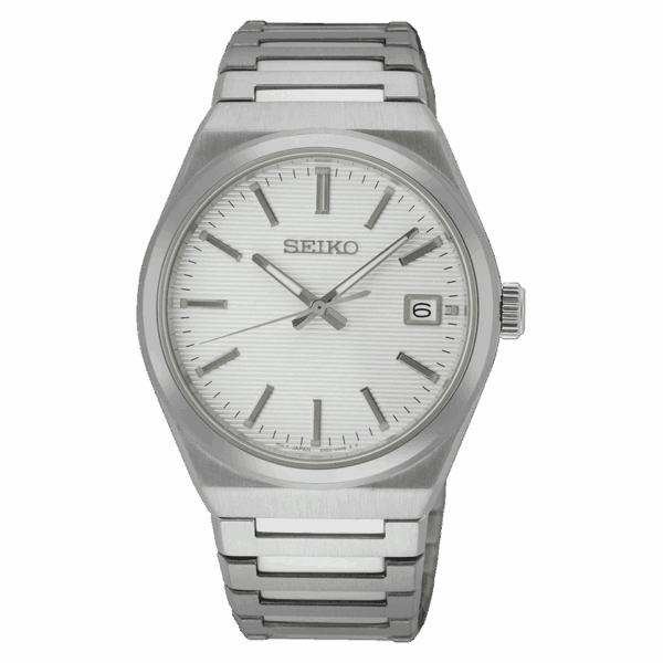 Silver Seiko wristwatch with a white dial and date display.