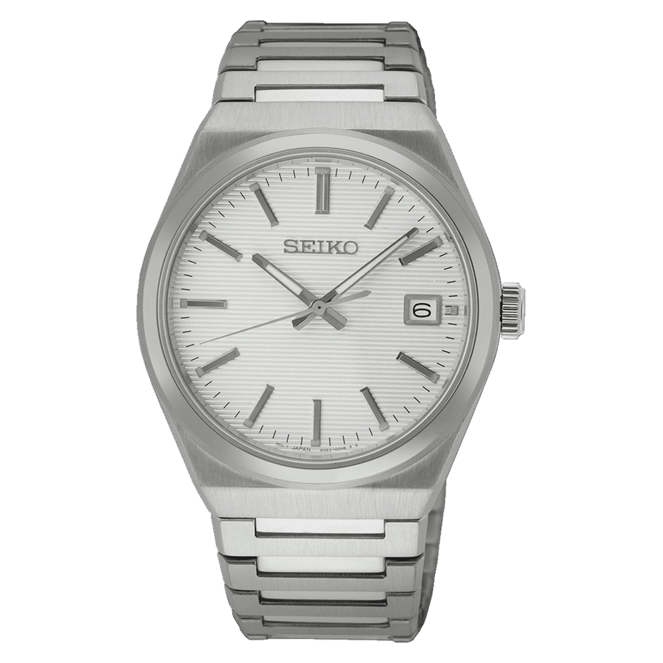 Silver Seiko wristwatch with a white dial and date display.