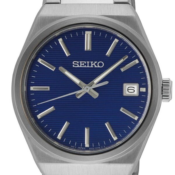 Seiko wristwatch with a blue dial and silver markers.