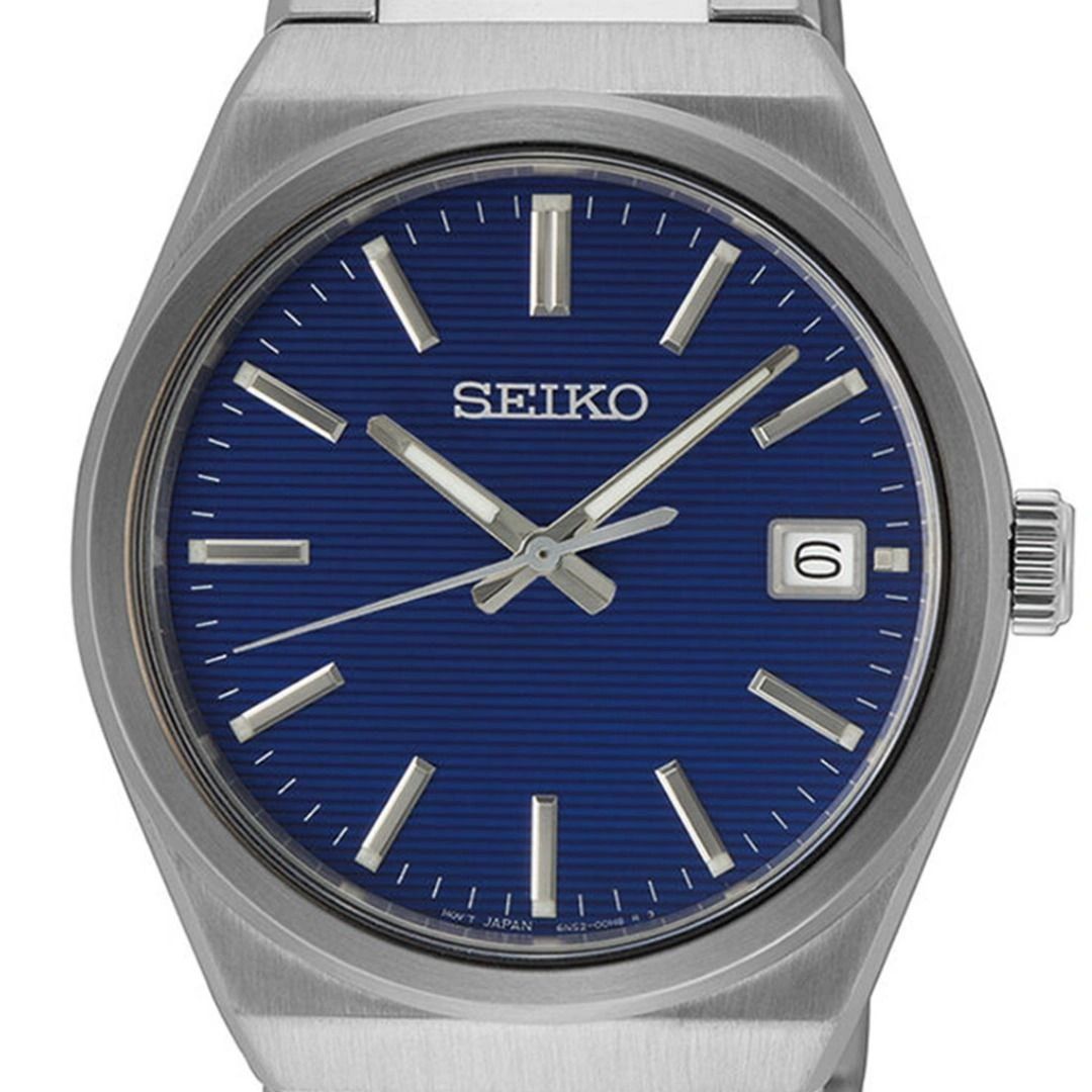 Seiko wristwatch with a blue dial and silver markers.