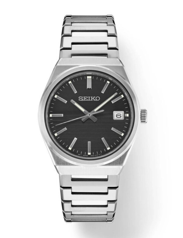 A sleek silver Seiko wristwatch with a black dial and date display.