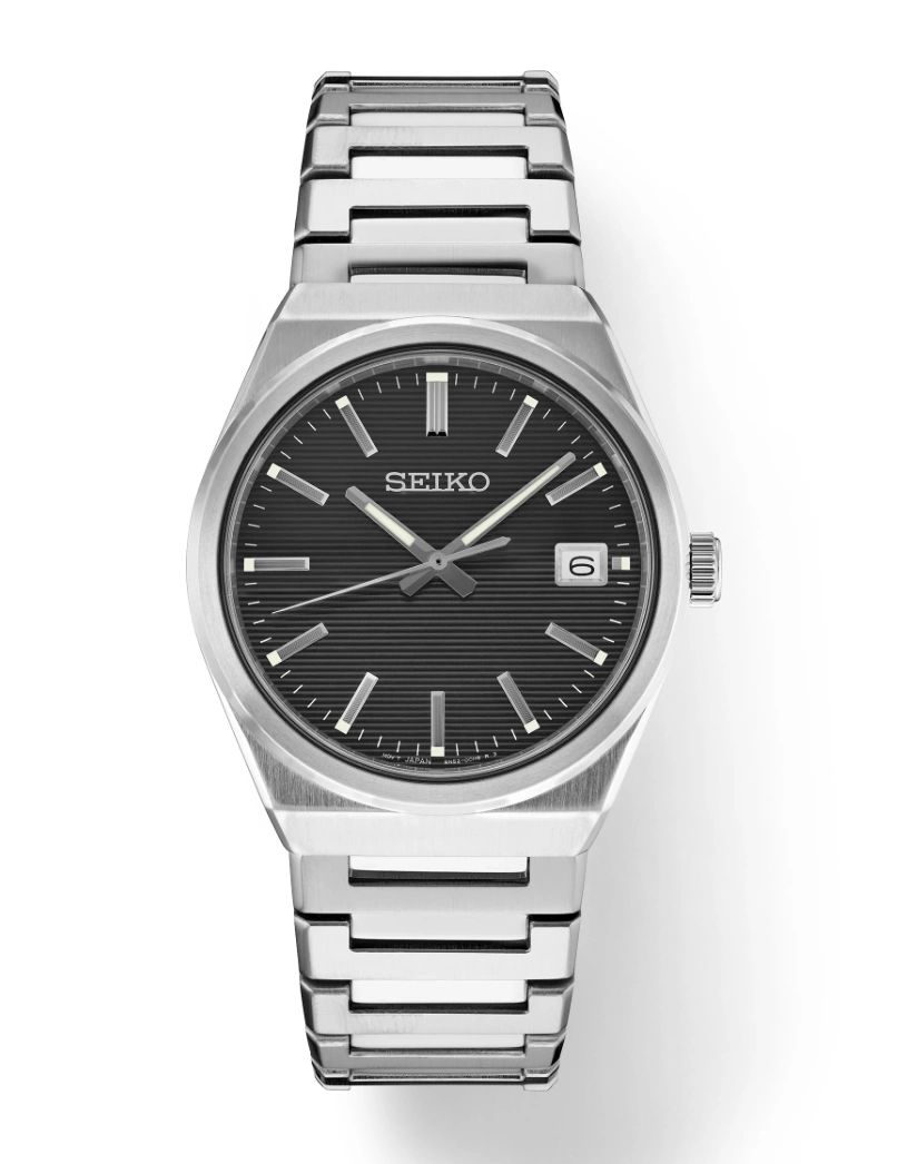A sleek silver Seiko wristwatch with a black dial and date display.