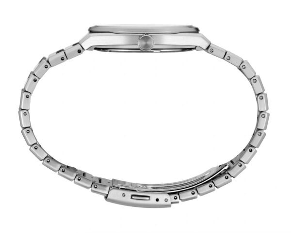 Side view of a sleek silver wristwatch with a linked metal band.