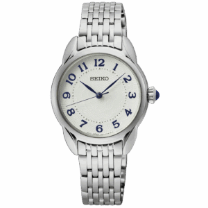 Elegant silver wristwatch with a white dial and blue numerals.