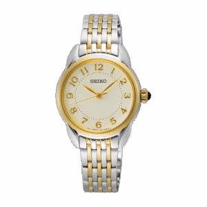Elegant two-tone wristwatch with gold accents and a white dial.