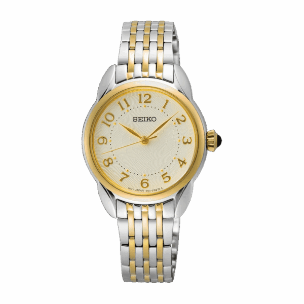 Elegant two-tone wristwatch with gold accents and a white dial.