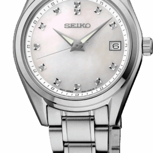 Elegant Seiko wristwatch with a silver band and diamond hour markers.