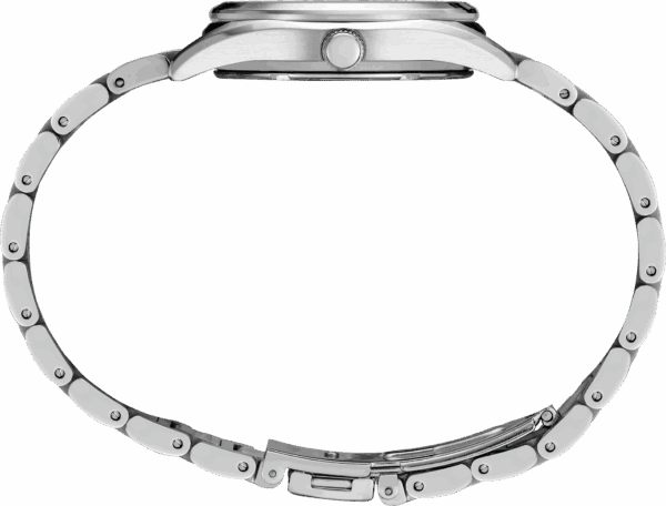 Side view of a silver metal wristwatch with a linked band.