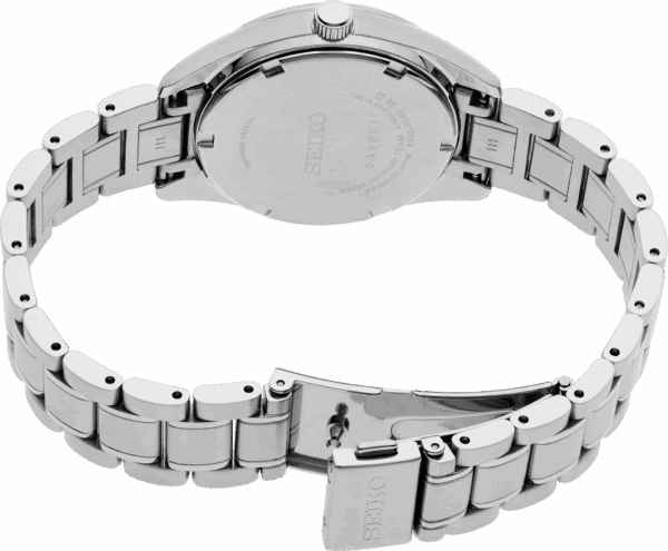 Close-up of a silver wristwatch band with clasp open.