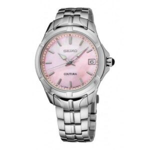 Elegant silver wristwatch with a pink dial and date display.