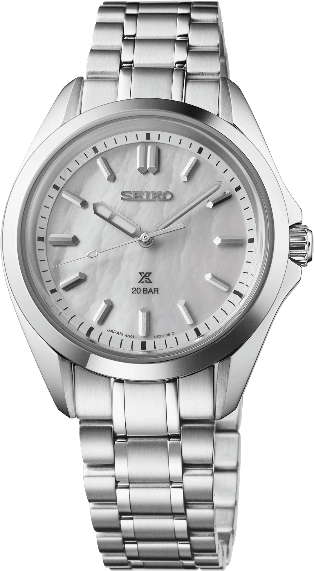 Close-up of a silver Seiko wristwatch with a metal band and mother-of-pearl dial.