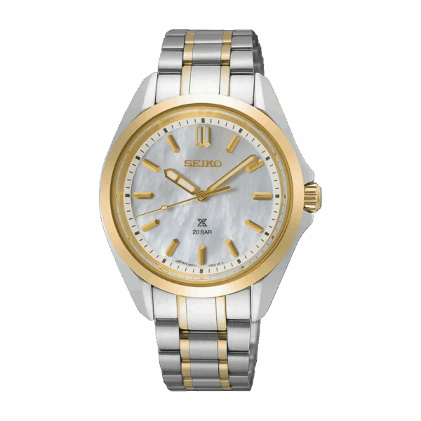 Elegant two-tone wristwatch with gold accents and a white dial.
