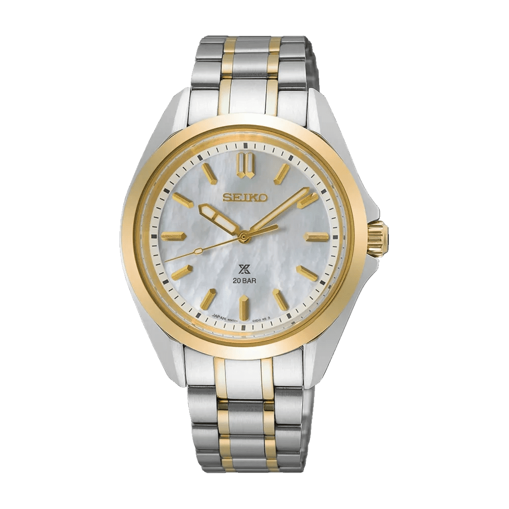 Elegant two-tone wristwatch with gold accents and a white dial.